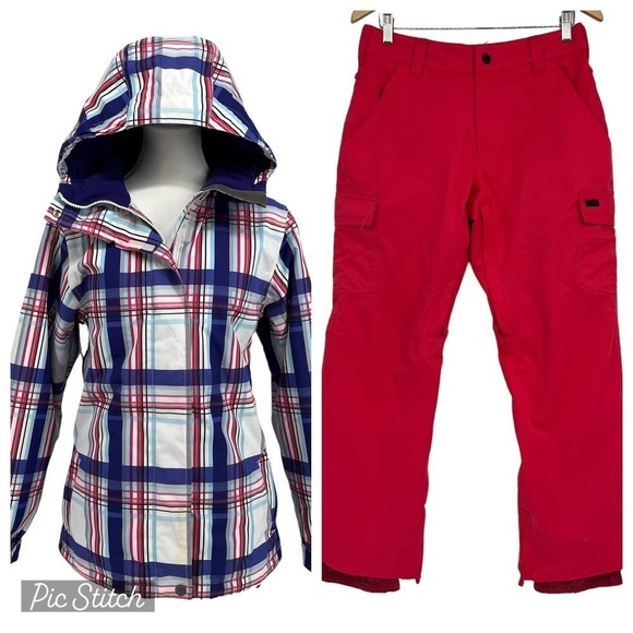 Vintage Y2K Empyre Snow Pants & Jacket Set Pink Purple Plaid Ski Snowboard Small - Picture 1 of 16